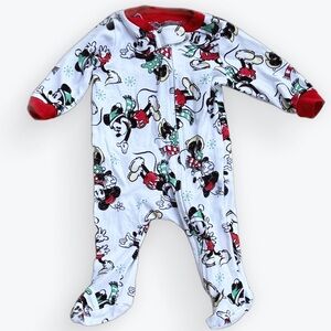 DISNEY Mickey & Minnie Mouse Winter Full-Zip Footed Onesie Red Trim ~ 0-3 mos